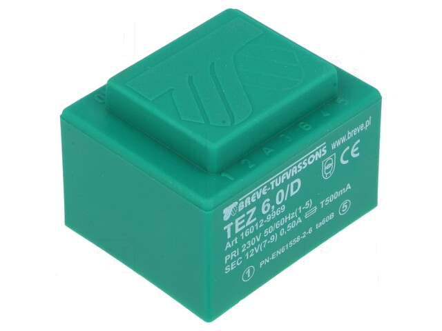 Transformator: ingegoten; 6VA; 230VAC; 12V; 500mA; PCB; IP00; A: 38mm Transformator: ingegoten; 6VA; 230VAC; 12V; 500mA; PCB; IP00; A: 38mm